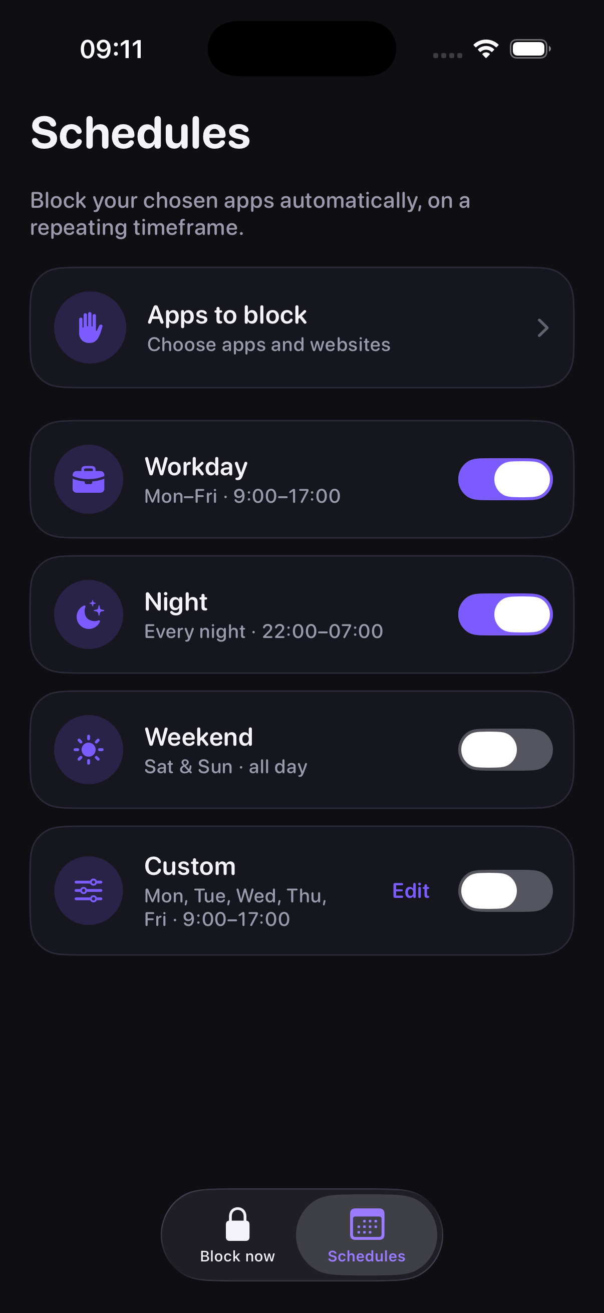 Schedules screen
